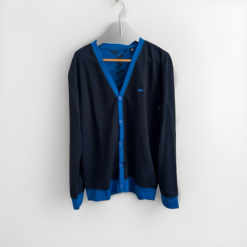 Vans Cardigan Button Up Sweater w/Striped Tie on Inside-Black & Blue Size  XL